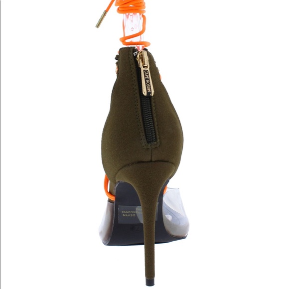 Neon Orange & Army Green Strappy Lace Up Ankle Wrap High Heel Pump Sandals - Picture 3 of 3